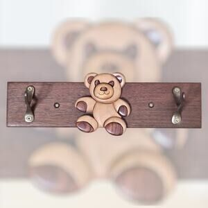 Vintage 90s Intarsia Wood Teddy Bear Wall Hook Rack – Earthwood Artisans, 11x2.5